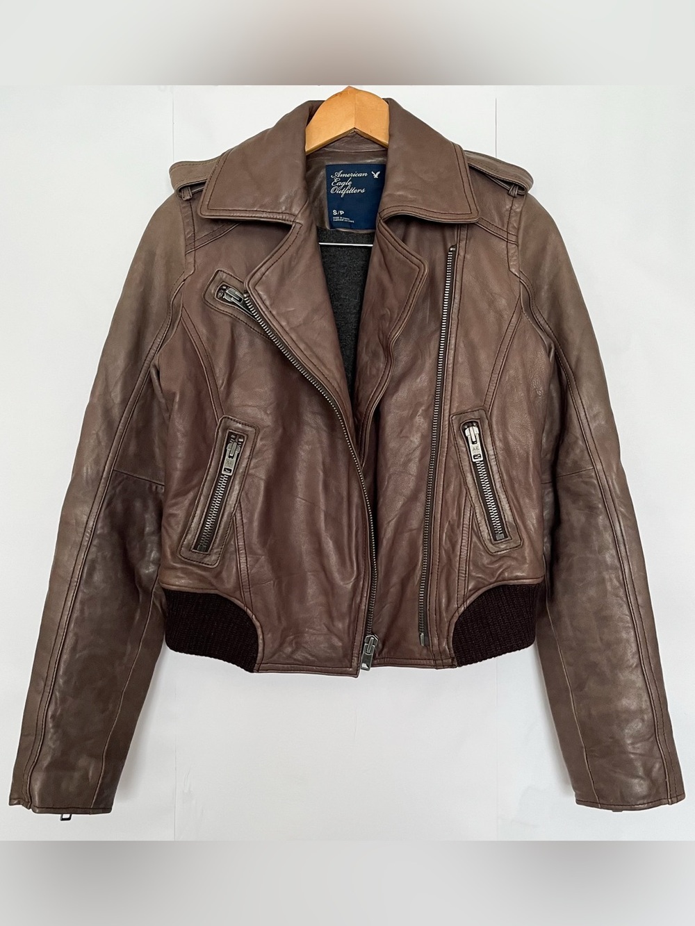 American Eagle Genuine Leather Bomber Jacket Elbow Patches Military Size Small